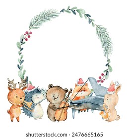 Vector Christmas greeting card. Watercolor winter wreath with animals playing musical instruments.