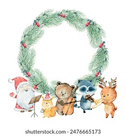 Vector Christmas greeting card. Watercolor winter wreath with animals playing musical instruments.