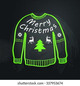 Vector Christmas greeting card - winter warm sweater handmade. Women's sweaters, men's sweater, unisex sweater. Design - deers, new year tree, norwegian pattern. Blackboard background.