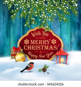 Vector Christmas Greeting Card. Winter scene with snow-covered fir tree branch, lantern, retro frame, text Merry Christmas, snowdrifts, blue wooden fence, Christmas ball, bird bullfinch, cone