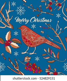 Vector Christmas greeting card - winter bird on blue background