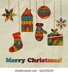 Vector Christmas Greeting Card wit socks,mitten, house, ball and snowflakes
