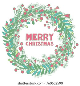 Vector Christmas greeting card.  Christmas wreath with pine branches, leaves, berries and hearts