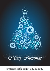 Vector Christmas greeting card with xmas tree made of cogwheels, bolts, tubes and other tools. Winter time colors and frosty look. Creative unusual Christmas tree with star on top