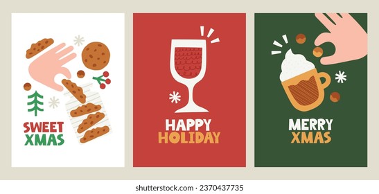 Vector Christmas greeting cards with cocoa, mulled wine, cookies, sweets, caramel, Christmas tree and phrases Merry Christmas and Happy Holidays