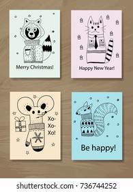 Vector Christmas Greeting Cards with Doodle Animals