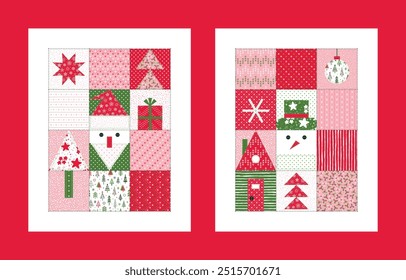 Vector Christmas Greeting Cards. Merry Christmas, Happy New Year, Happy Holidays, Merry and Bright. Winter Poster in Patchwork Folk Style. Quilting pattern