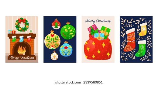 Vector Christmas greeting cards set isolated on white background. Colorful flat style holiday illustrations