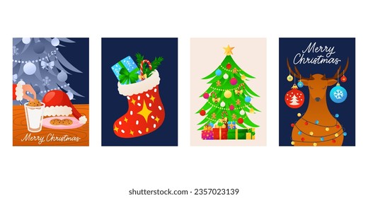 Vector Christmas greeting cards set isolated on white background. Colorful flat style holiday illustrations. Cookie for Santa, Christmas tree with presents, deer decorated with garland 