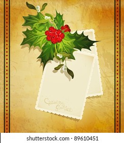 vector Christmas greeting with holly and two greeting card