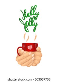 Vector Christmas greeting Lettering card with a cup with coffee. Holly Jolly. Vintage hand drawn lettering. Vector illustration