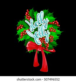 Vector Christmas greeting Lettering card with decorated Holly Jolly wreath with ribbon. Vintage hand drawn lettering. Vector illustration on black background