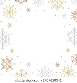 Vector christmas greeting template decorative frame with golden, silver and bronze snowflakes and stars on white background