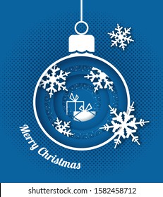 Vector christmas greeting with white hanging bouble, showflakes and gifts agains spotted background in blue color, multi-layered effect
