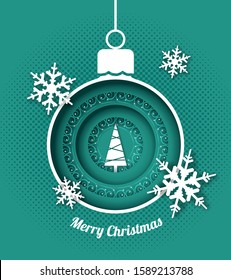 Vector christmas greeting with white hanging bouble, showflakes and christmas tree agains spotted background in green color, multi-layered effect