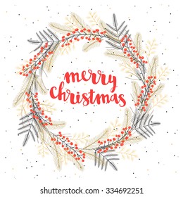 Vector Christmas greeting wreath with calligraphy. Handwritten modern brush lettering. Wreath of  tree branch, fir, twig and berries. Gold foil snow.