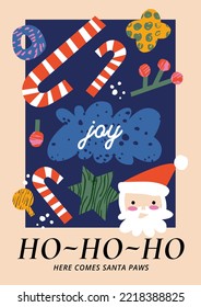 Vector Christmas greetings art poster with different traditional decoration in contemporary modern trendy style
