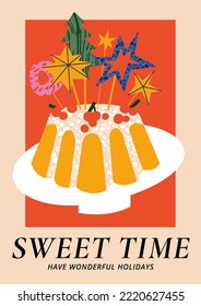 Vector Christmas greetings art poster with different traditional decoration in contemporary modern trendy style. Bundt cake