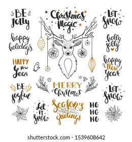 Vector Christmas greetings isolated on white. Set of hand drawn phrases for Christmas and New year decorations and cards. Happy New Year, Merry Christmas, Holly Jolly, Let it Snow, Be Joyful, etc.