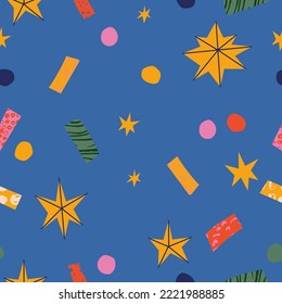 Vector Christmas greetings seamless pattern. Winter holidays design elements. Golden stars with colorful confetti