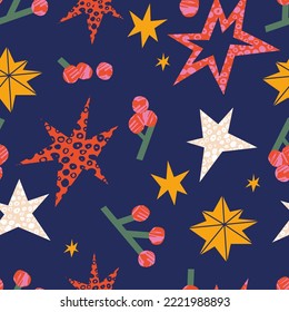 Vector Christmas greetings seamless pattern. Winter holidays design elements. Golden star - traditional xmas attributes.