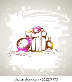 Vector Christmas grunge background with gift and decorations