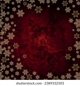 Vector Christmas grunge frame with golden snowflakes and butterflies on the dark red gradient background, old paper
