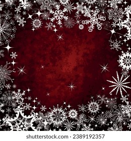 Vector Christmas grunge frame with white snowflakes and stars, dark red gradient background, old paper
