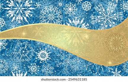 Vetor Natal mão desenhada cartão azul com branco doodle flocos de neve e espaço de cópia dourada