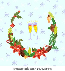 Vector Christmas hand drawn card with wreath, decorative snowflakes and two glasses with Champaign. For postcards, posters, greetings, invitations, etc.