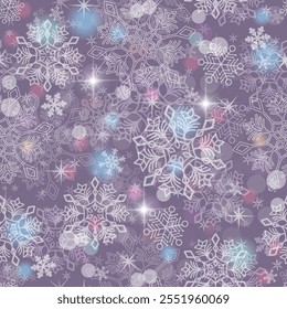 Patrón inconsútil colorido dibujado a mano de las Navidades de Vector con los copos de nieve del doodle y el bokeh en un fondo violeta suave