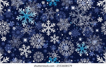 Vector Christmas hand drawn dark blue seamless pattern with doodle white and blue gradient snowflakes and stars
