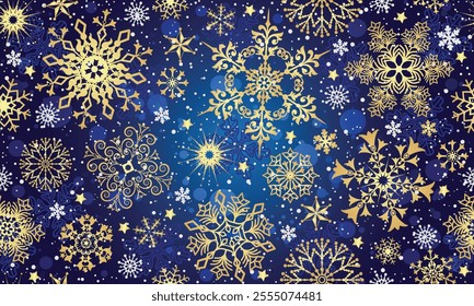 Vector Christmas hand drawn dark blue gradient seamless pattern with doodle golden gradient snowflakes and stars