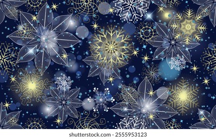 Vector Christmas hand drawn dark blue seamless pattern with doodle golden gradient snowflakes and stars and bokeh