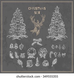 Vector Christmas hand drawn decoration set. New Year engraving collection. High quality design elements.