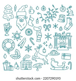 Vector christmas hand drawn doodles set. Xmas tree, garland, wreath, presents and fireplace icons illustration