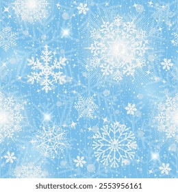 Vector Christmas hand drawn gentle blue seamless pattern with doodle snowflakes and stars and strips and spots