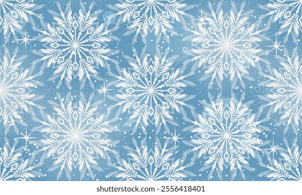 Vector Christmas hand drawn gentle blue seamless pattern with doodle white snowflakes and bokeh