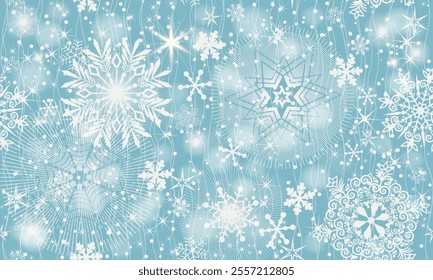 Vector Christmas hand drawn gentle blue seamless pattern with doodle snowflakes and stars 