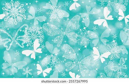Vector Christmas hand drawn green seamless pattern with doodle snowflakes and stars and butterlies and bokeh