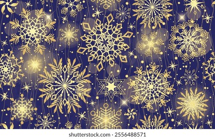 Vector Christmas hand drawn seamless pattern with doodle golden gradient snowflakes and stars and bokeh on dark blue