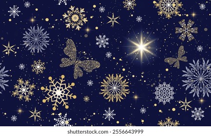 Vector Christmas hand drawn seamless pattern with doodle golden gradient snowflakes and star of bethlehem and bokeh on dark blue