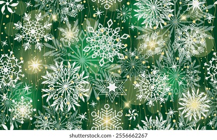 Vector Christmas hand drawn seamless pattern with doodle white snowflakes and stars and bokeh on dark green background