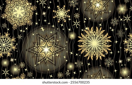 Vector Christmas hand drawn seamless pattern with doodle golden gradient snowflakes and glitter star of bethlehem on black
