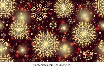 Vector Christmas hand drawn seamless pattern with doodle golden gradient snowflakes and stars and bokeh on dark red