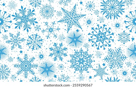 Vector Christmas hand drawn seamless pattern with doodle blue monochrome snowflakes  and stars on transparent background
