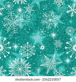 Vector Christmas hand drawn seamless pattern with doodle snowflakes and glitter stas on green background