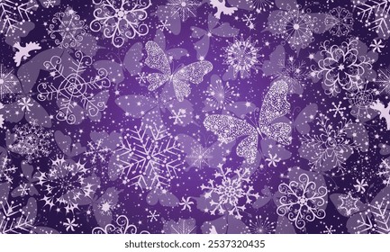 Vektor Weihnachten handgezeichnete violette Farbverlauf Muster mit Schneeflocken und Schmetterlinge. Nahtloses Muster