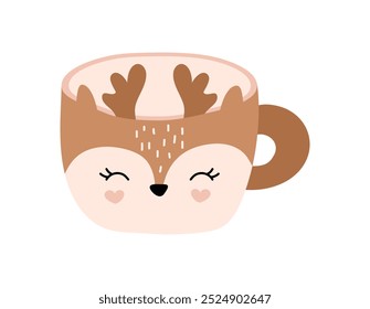 Vector Christmas hand made cup with picture deer. Design for winter holiday card, children book, web illustration