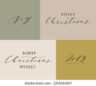 Vector Christmas hand written lettering quote set. Winter calligraphic card greeting collection. Festive minimalist elegant stylish phrases. Gentle feminine calligraphic festive brush lettering.